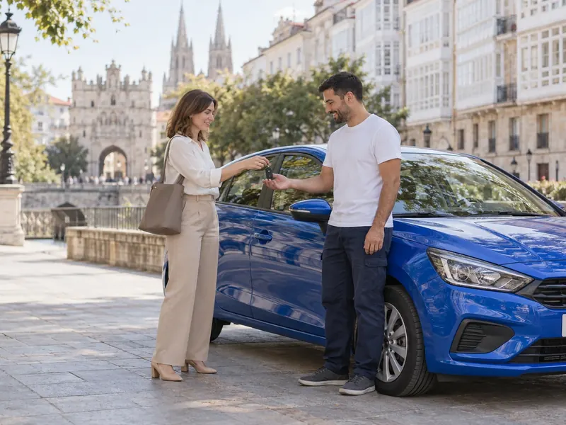 Una clienta entrega las llaves de su coche junto al Arco de Santa María, en Burgos